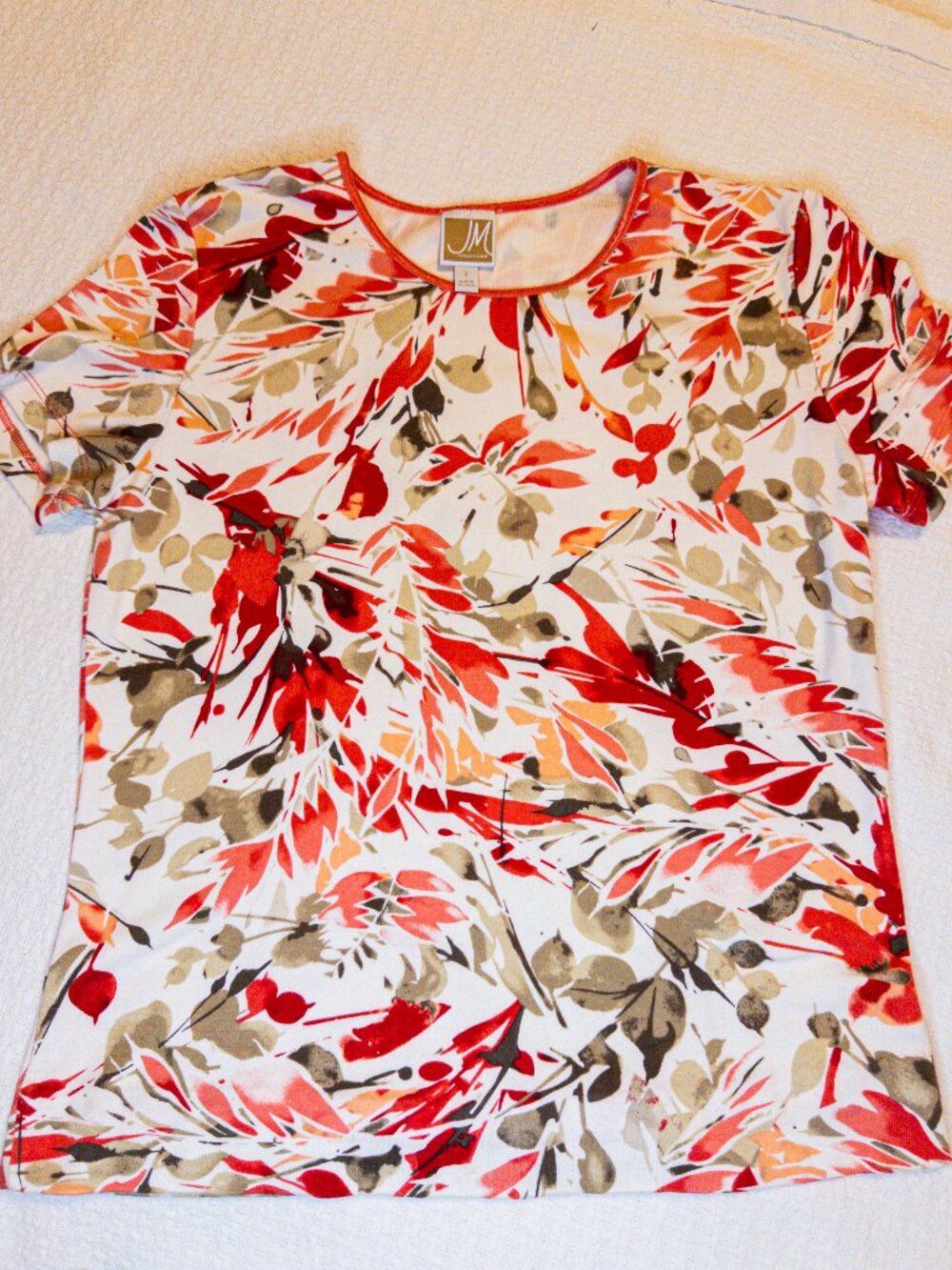 JM Collection Floral Leaf Print Short Sleeve Top - Size S